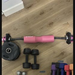Curl Bar, Weights, and Yoga Step