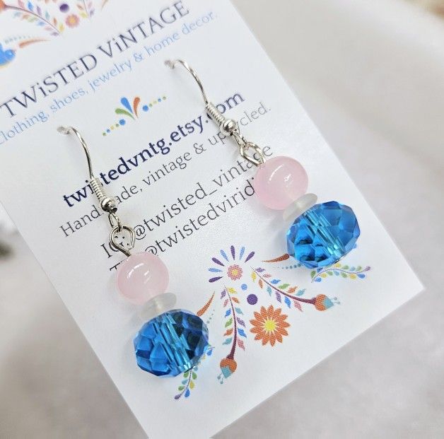 Handmade Glass Beads Dainty Dangle Earrings Pale Pink, Frosted White, Aqua Blue