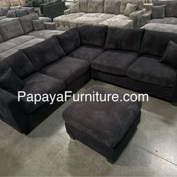 New! Black Corduroy Sectional And Ottoman, Plush Sectional Couch, Sofa, Sectional, Black Sofa, Black Couch, Sectional And Ottoman,Sofas,Corduroy Couch