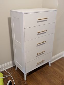 White 5-Drawer Tall Dresser Chest - Gold Handles