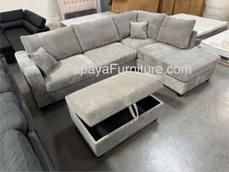 New Modern Light Gray Sectional Couch with STORAGE Ottoman Sofa Set Right Chaise Lounge Designer Staging Living Room Space Apartment Perfect Stage 