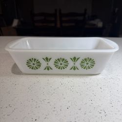 Vintage Glasbake Milk Glass Loaf Pan Dish J 522 1-1/2 Qt. w Green pinwheels