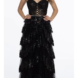 Glitter Mesh Corset Tiered Ballgown With Sequin And Ruffle Detail 