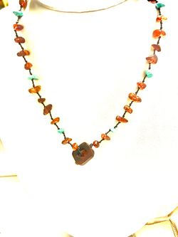 Handmade Cognac Amber & Turquoise Necklace