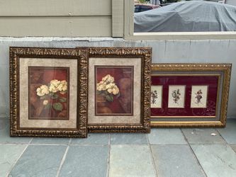 Set Of 3 Floral Prints, Framed And Matted.