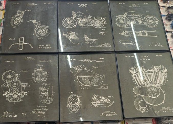 Set Of 6 Harley Davidson Patents Drawing.