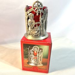 Vintage Christmas Nativity Scene Metal Votive Candle Holder