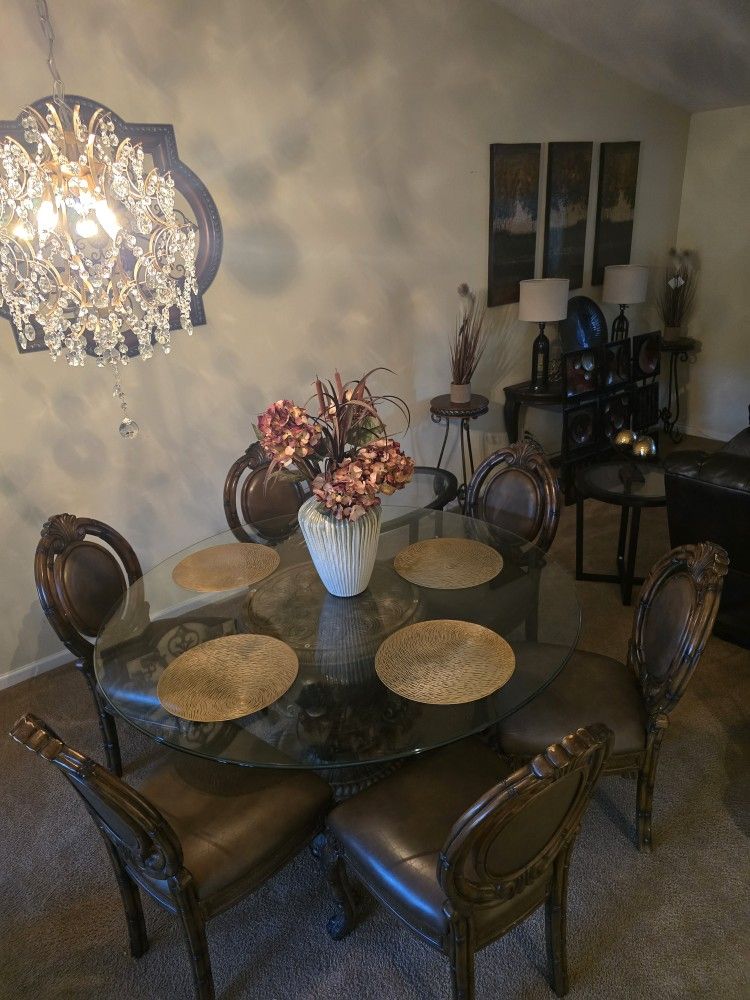 Genuine brown 6 chair leather dinning table 