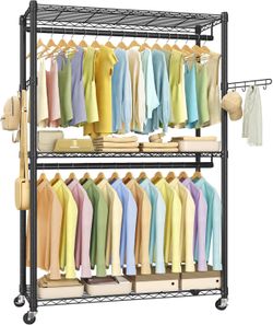 Clothing Rack, Heavy-Duty Garment Rack, Adjustable Storage Shelves Freestanding Portable Wardrobe Closet, Hanging Rails, Ink Black, DALTEN Collection