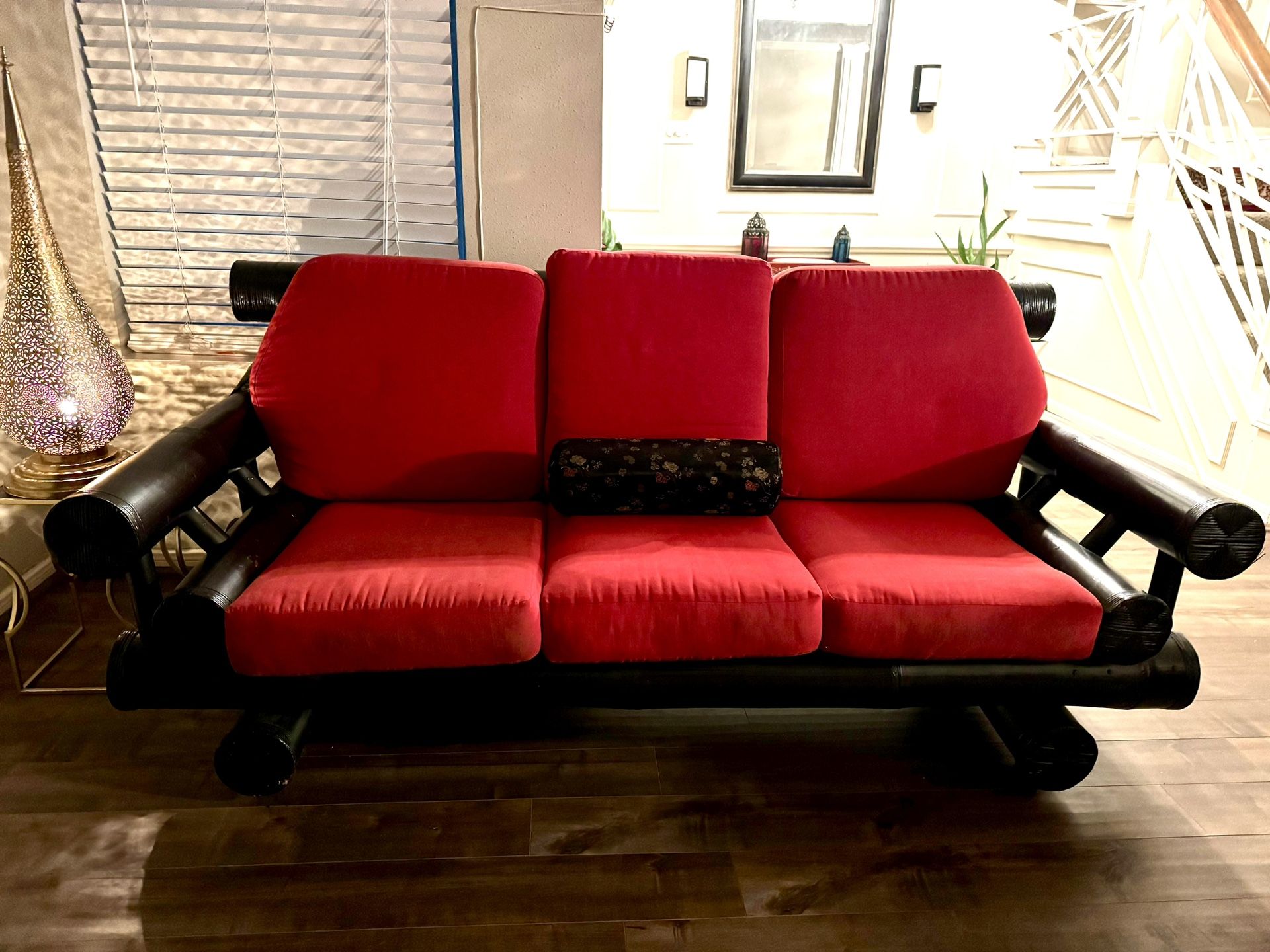 Balinese Bamboo Couch with Red Cushions