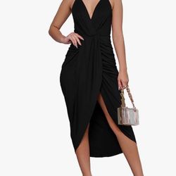 Neck Ruched W rap Slit Hem Sleeveless Spaghetti Strap Midi Bodycon Dress