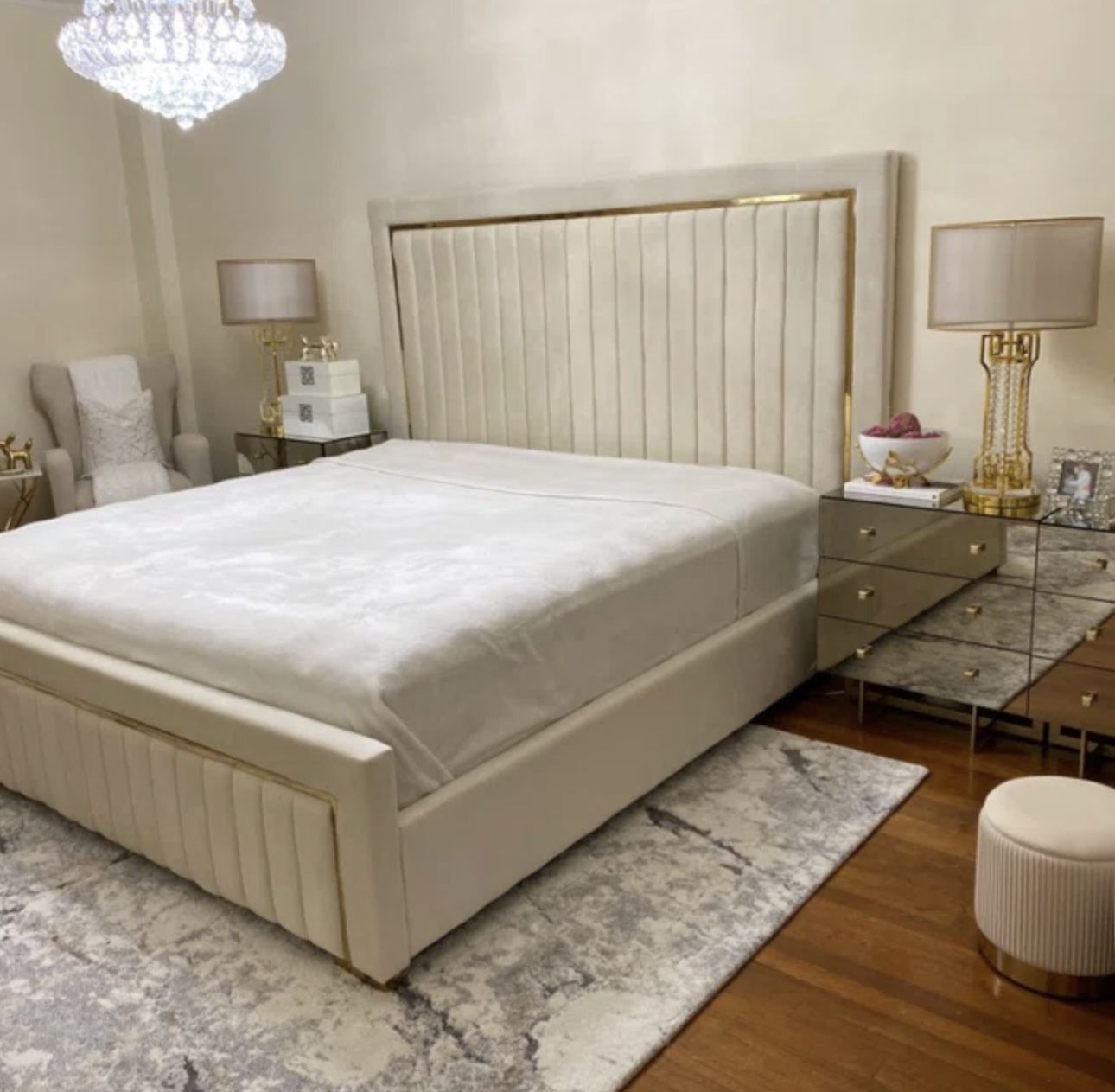 Luxury King Velvet Bed Frame Cream Gold