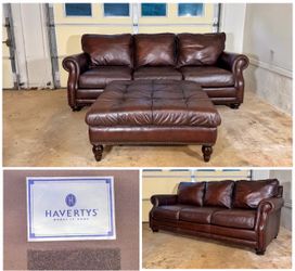 Top-Grain Leather Sofa couch & Tufted Ottoman Set