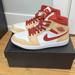 Jordan 1 Mid Light Curry Cardinal