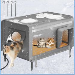 New-Pawtners Heated Outdoor Cat House for Outside Cats, 26'' XL Insulated Weatherproof Cat Shelter with Heated Pad, Elevated Feet & Escape Door, Warm 