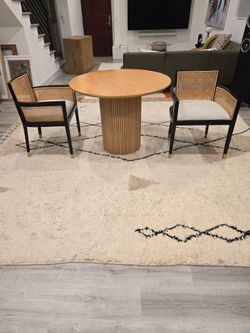 ROUND DINING TABLE with 2 RATTAN CUSHION CHAIRS