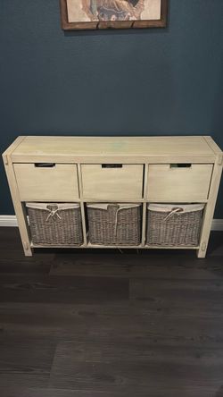 Cream Wood Console with Drawers  Baskets