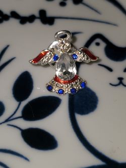 Vintage Guardian Angel Tac Pin Red White Blue Rhinestone Patriotic Lapel Brooch
