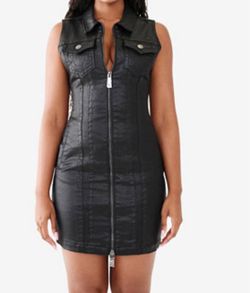True Religion black leather zip front mini dress in size M #truereligion #leather new