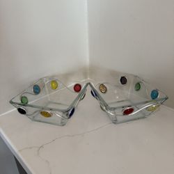 Two Square Glass Bowls With Colorful Accents