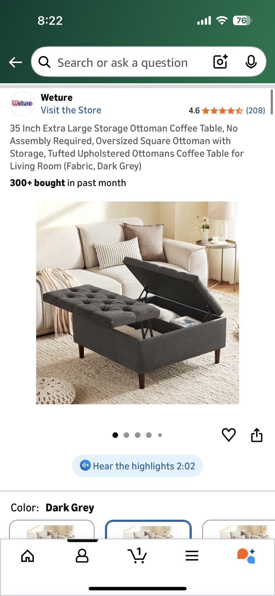 Plush Coffee Table Ottoman With Storage