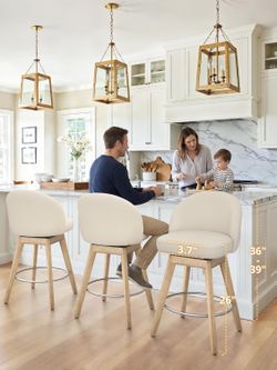 Set of 3 Swivel Bar Stools, 26" Counter Height Bar Stools, Fabric Upholstered Stools, Light Linen