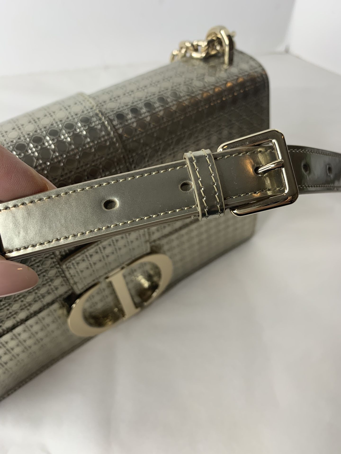 Dior Metallic Patent Micro-Cannage 30 Montaigne Belt Shoulder Bag, Gold, NEW