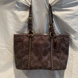 Coach Signature Brown On Brown Satin And Leather Tote 