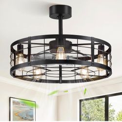 LEDIARY 26 inch Fandelier Caged Ceiling Fan with Light and Remote, Black