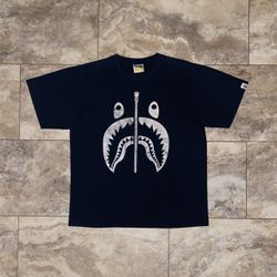 Vintage A Bathing Ape BAPE Shark Zip Graphic T-Shirt Black Holographic Print Rare Size Large