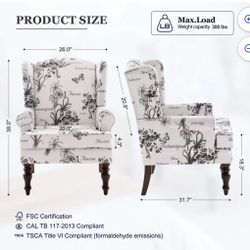 Wingback Accent Chair, Upholstered Mid Century Modern Armchair with Solid Wood Legs, Fabric Linen Leisure Single Sofa Chair for Living Room, Bedroom, 