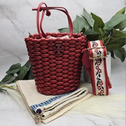 Tory Burch nwt Emerson Woven Leather Mini Bucket Bag with original dust bag w/Removable Pouch Warm Red Nappa leather Tie Closure adjustable floral web