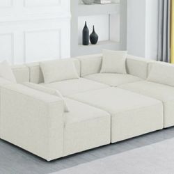 Cube Wood / Foam / Linen Cream Modular Sectional

