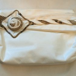Vintage Sharif white leather large pouch with shoulder strap bag, beige brown Rosette design handbag, white leather pouch braided handbag
