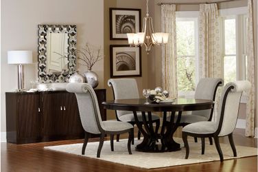 Brand new round brown dining table (48"x30"H) + 4 biege linen chairs