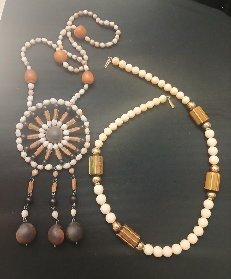 Vintage Hippie Boho Dreamweaver Necklace Seed NutShell Medallion Pendant & RARE Beaded Striped Wood with Gold Accents Total of 2