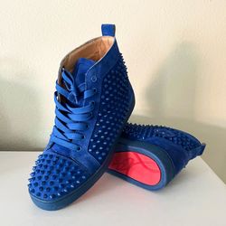 Men’s shoes Christian Louboutin Louis Spikes Blue Suede High Top Sneakers Red Bottoms Men 42 US / 9