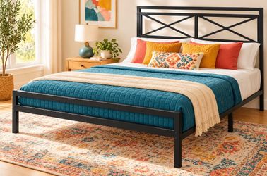 New Presidio EH steel platform bed frame. This queen-sized frame is constructed from steel and includes a headboard and footboard.  Estimated (WxDxH):