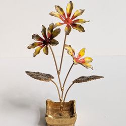 Handcrafted Enamel on Copper Flowers Footed Pot Sculpture 5.5"
