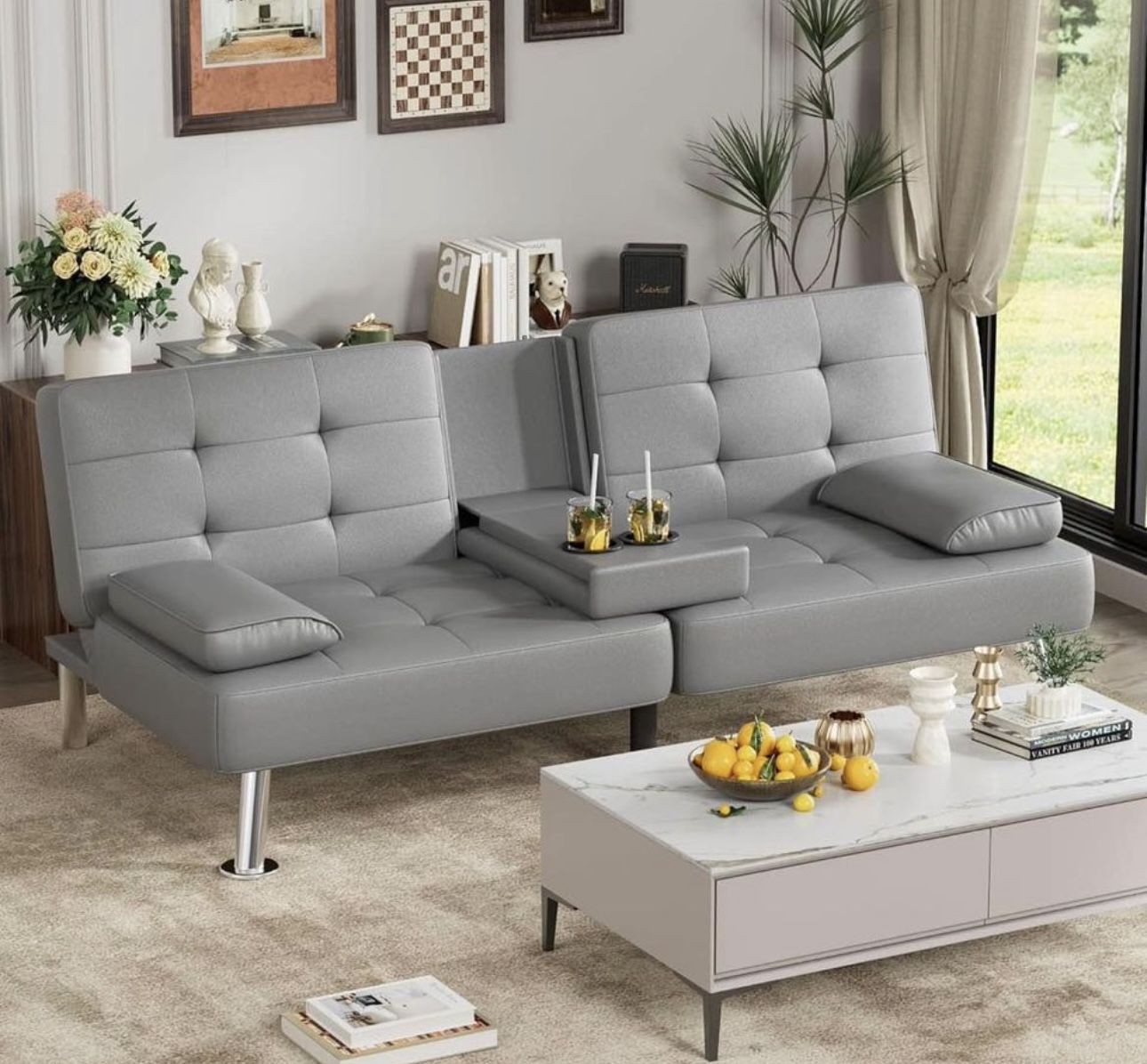 Grey color Faux Leather Upholstered Convertible Folding Futon Sofa Bed 2 Cupholders
