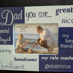 New Blue Fathers Day Wood Picture Frame 8 1/4 x 6 3/4, Table Or Desk Or Put A Hanger On It. Dad Will Love It. 