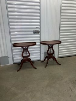 Vintage Mersman Lyre Harp Base Oval MCM Side Table Mahogany Duncan Phyfe Style set of 2