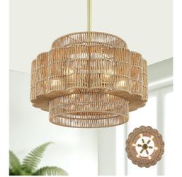 Brand New In The Box- 24" Boho Rattan Chandelier - 6-Light Petal-Shaped Pendant Light, Hand Woven Rattan Hanging Light Fixture, Small Farmhouse Rustic