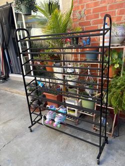 Large Black Metal Shoe Rack on Wheels