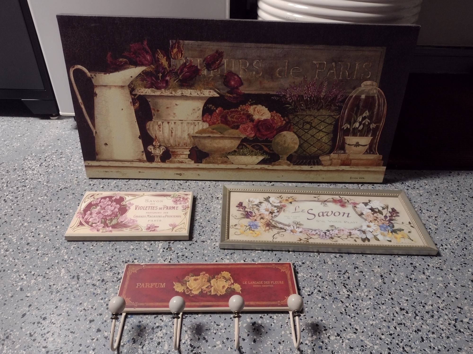 Four Piece French Theme Wall Decor. Large Canvas Measures 36 Inches Long And 17 Inches High