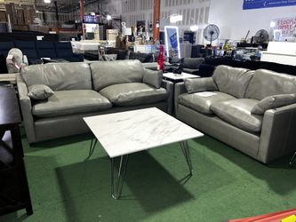 Brand New Top Grain Leather Gray Sofa And Loveseat 