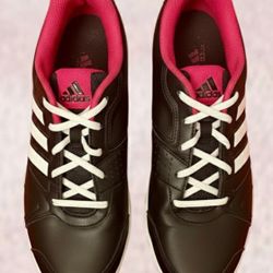 ADIDAS SHOES, SIZE 10 - STYLISH BLACK WITH PINK ACCENTS AND WHITE STRIPES