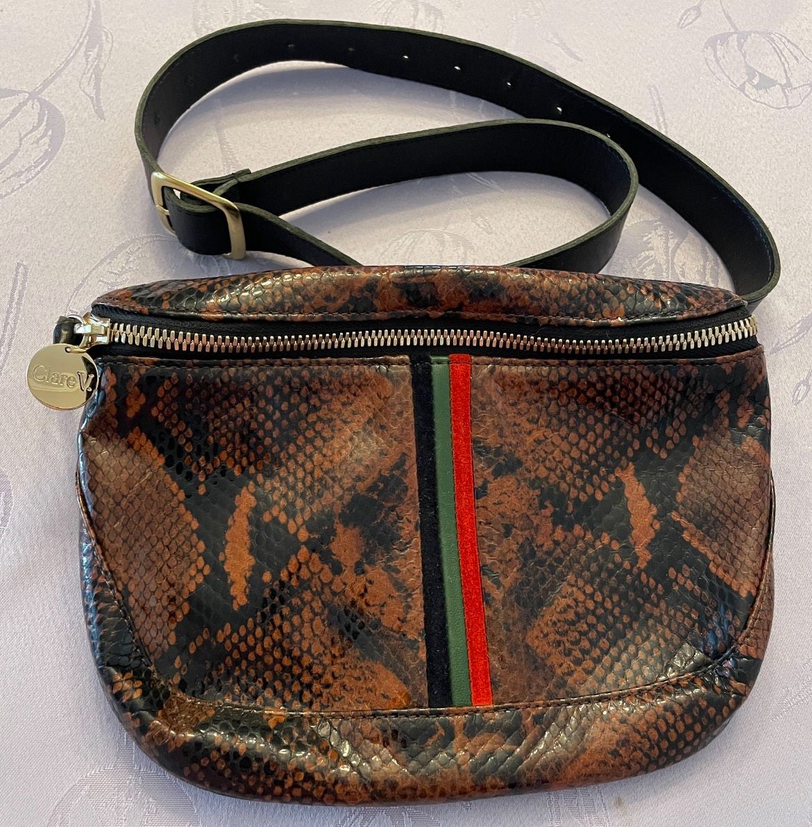 Clare V. Leather Walnut Python Snake Print Adjustable Belt Fanny Pack Bag