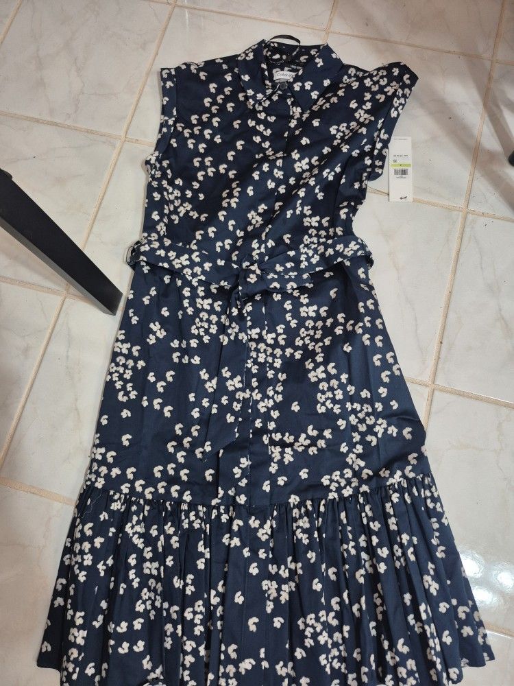 $129 Calvin Klein Flared Midi Shirt Dress, Sise 4, Dark Blue/beige Last One