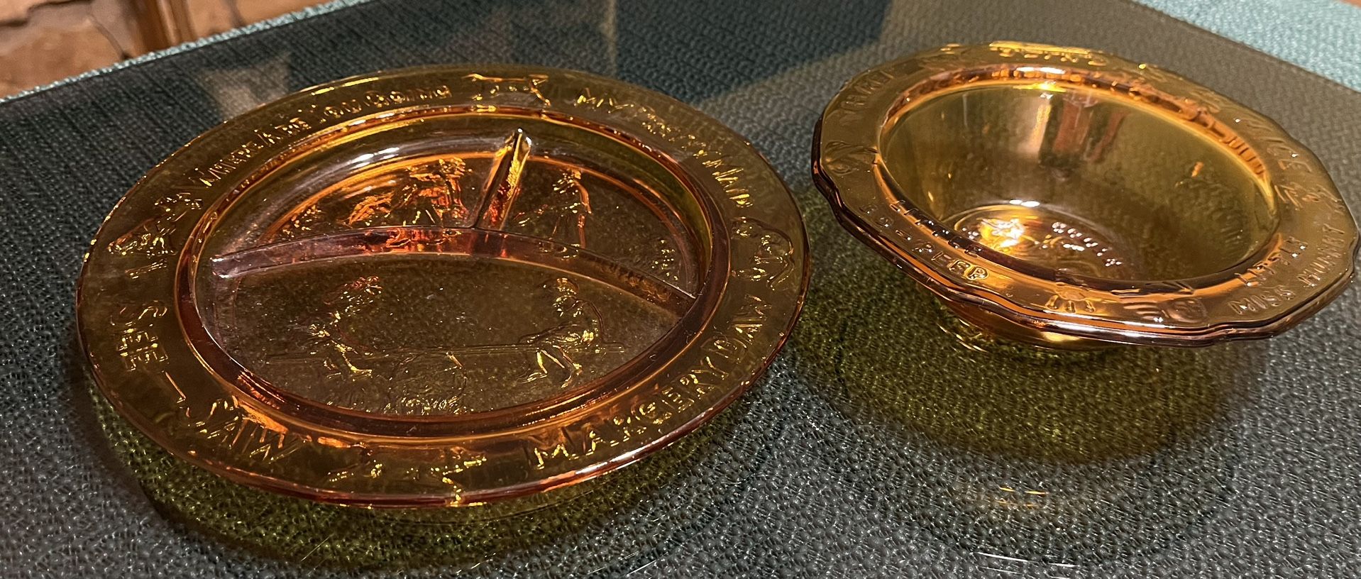 Vintage Tiara by R.S. Indiana Amber Glass Child's Divided Dish and Bowl set